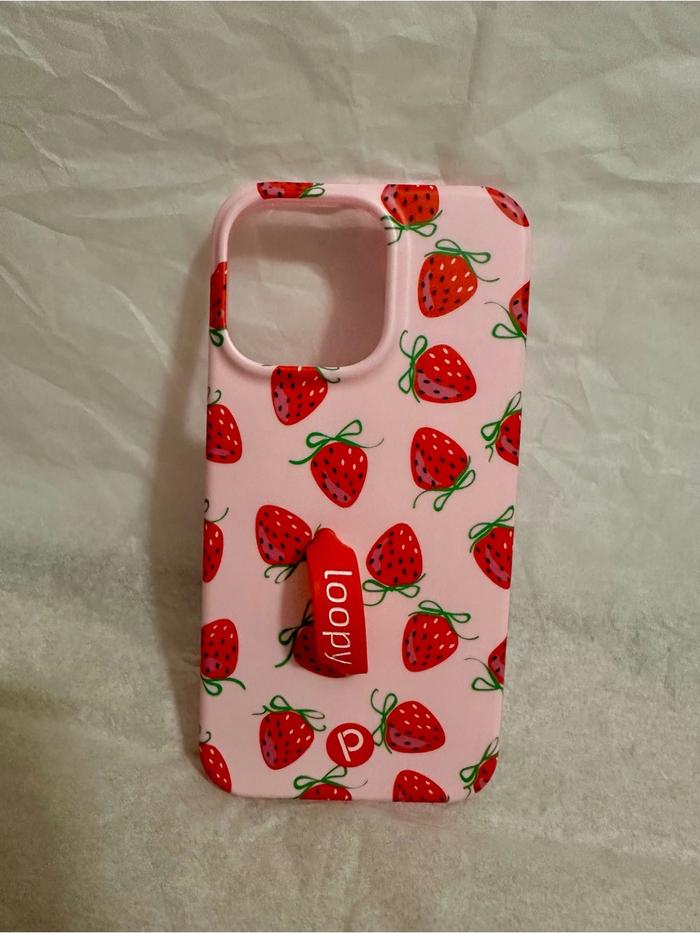 Loopy Case “Berries & Bows” Pink Strawberry Print Phone Case with Red Grip
